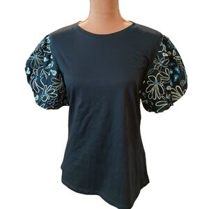 Alivia Dani Tee Daisy Embroidery Puff Sleeve Top Teal Blue Large Boho New Modest